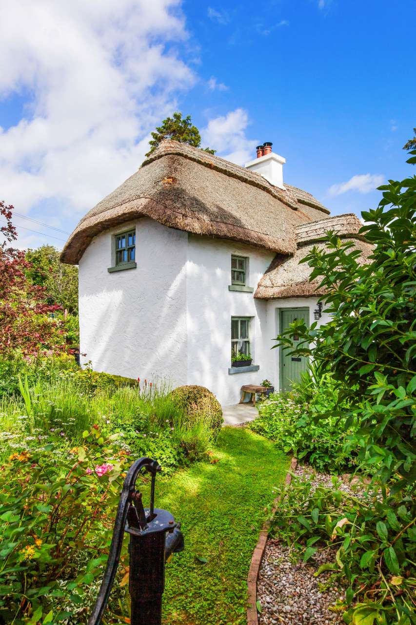 Genista Cottage, a whitewashed thatched cottage in a cottage garden